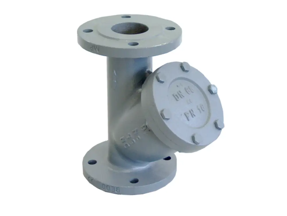 Grauguss-Schmutzfänger mit Flanschanschluss, seitlicher Anschluss und maschenweite 1,0 mm. Produkt von Oventrop, geeignet zur Filterung von Schmutz in Rohrleitungen.